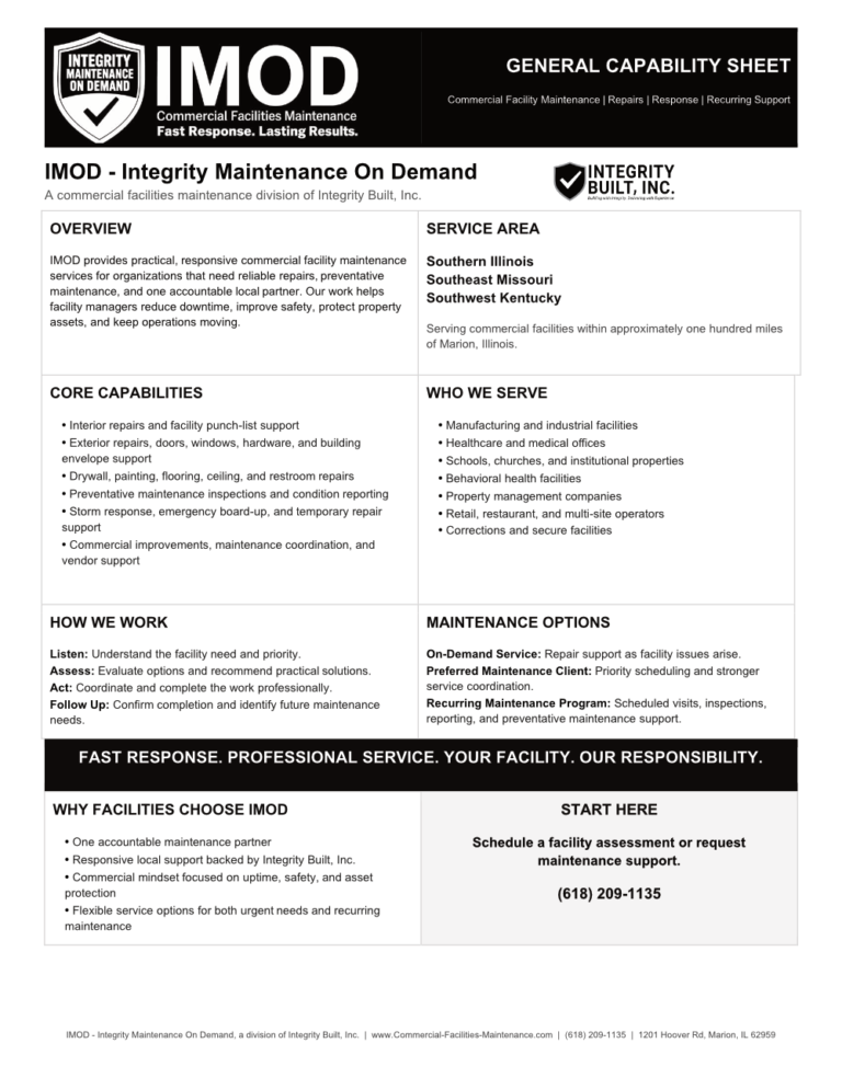 black & white image outlining IMOD Commercial Facilities Maintenance Capabilities Sheet