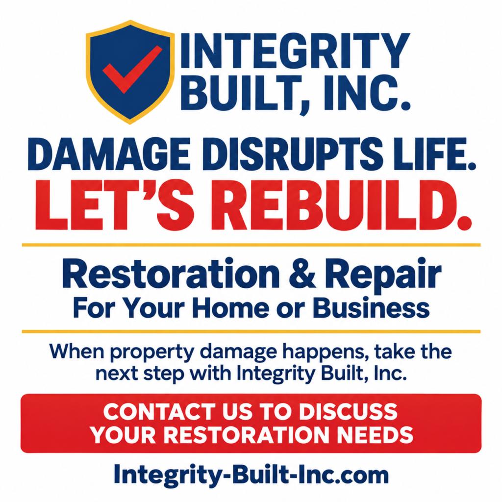 Integrity Built, Inc. restoration and repair for homes and businesses. Damage disrupts life. Let’s rebuild. Contact us to discuss your restoration needs.